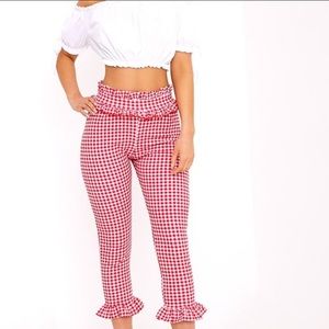 Red gingham pants with frill hem